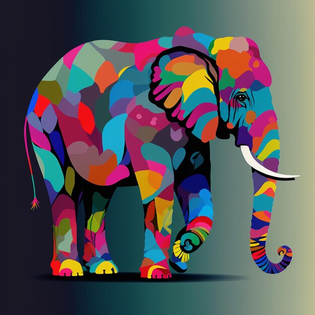 elefante de colores brillantes con colmillos y colmillos caminando sobre una ai generativa llana