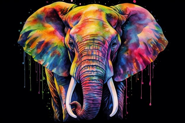 elefante de colores brillantes con colmillos y colmillos parados frente a un fondo negro ai generativo