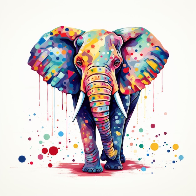 elefante de colores brillantes con colmillos y colmillos de pie frente a un fondo blanco generativo ai