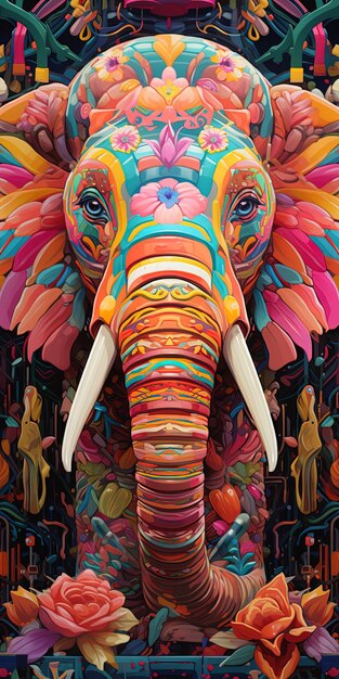 un elefante colorido con colmillos y la palabra colmillos en él