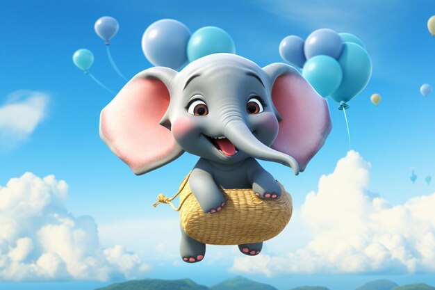 Elefante colorido de dibujos animados volando en el cielo Imagen de stock de fácil acceso con IA generativa