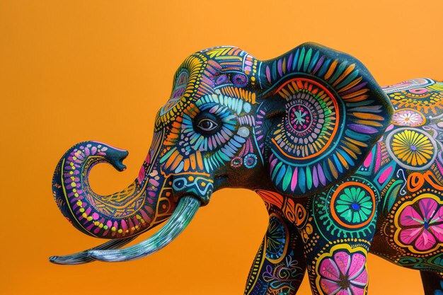 Un elefante colorido de diseño creativo con intrincados patrones se destaca