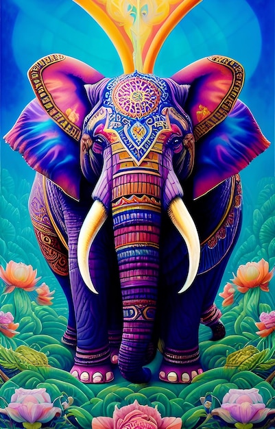 Un elefante colorido con un mandala en la cabeza.