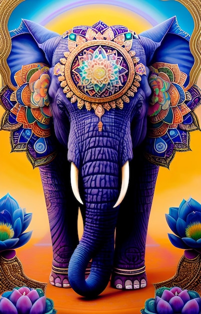 Un elefante colorido con un mandala en la cabeza.