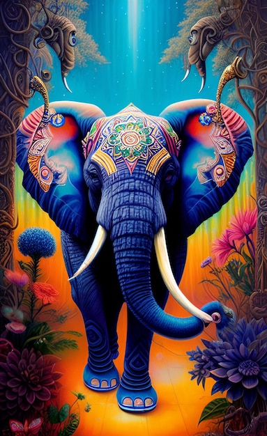 Foto un elefante colorido con un patrón colorido en la cabeza se muestra en un marco.
