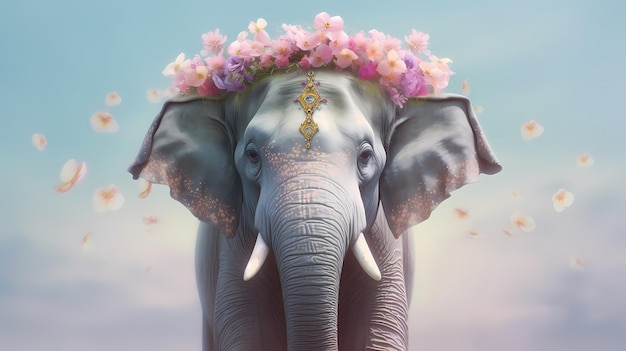 Un elefante con una corona de flores en la cabeza.