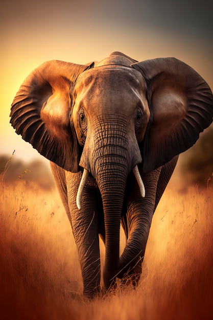 Elefante correndo em ação na grama do campo Fotografia da vida selvagem AIGenerated