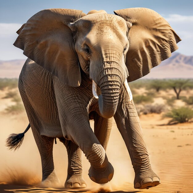 Elefante corriendo en la pista de fondo naturaleza del desierto vida silvestre y nieve