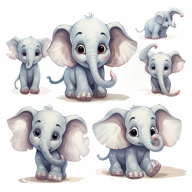 elefante de desenho animado com diferentes poses e expressões para animação generativa ai