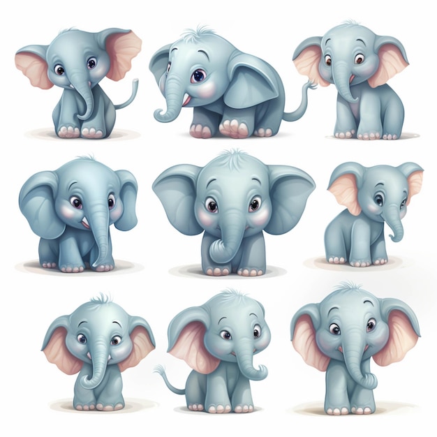 Elefante de desenho animado com expressões diferentes definem ai generativa