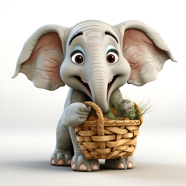 Foto elefante de desenho animado com uma cesta de grama ilustração 3d