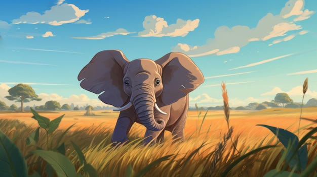 Elefante de desenho animado inspirado em Ghibli em paisagem realista