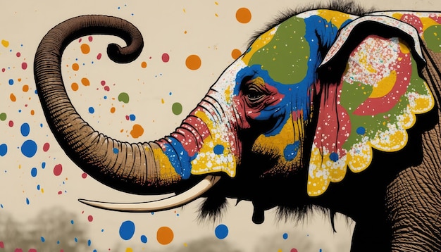 Elefante decorado con coloridas imágenes étnicas Holi festival de colores en India elefante con estampados