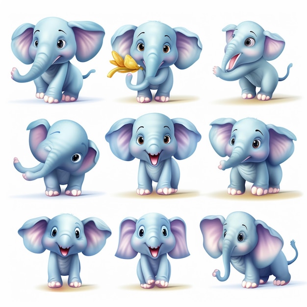 Elefante de dibujos animados con diferentes expresiones y expresiones generativas ai.