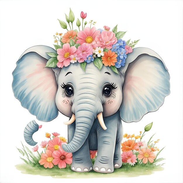 Foto elefante de dibujos animados con flores en la cabeza