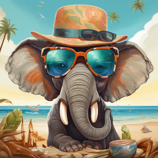 Elefante de dibujos animados con gafas de sol y un sombrero en la playa ai generativo