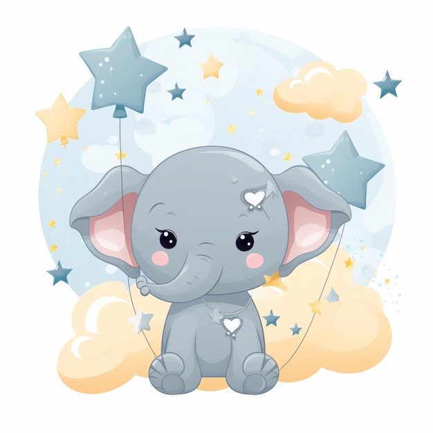 elefante de dibujos animados sentado en una nube con estrellas y un globo generativo ai