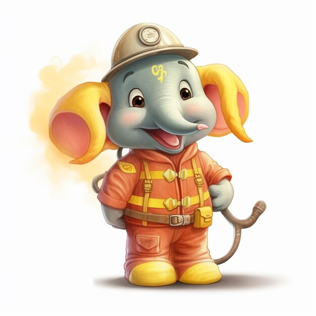 Elefante de dibujos animados vestido con equipo de firemans sosteniendo un palo generativo ai