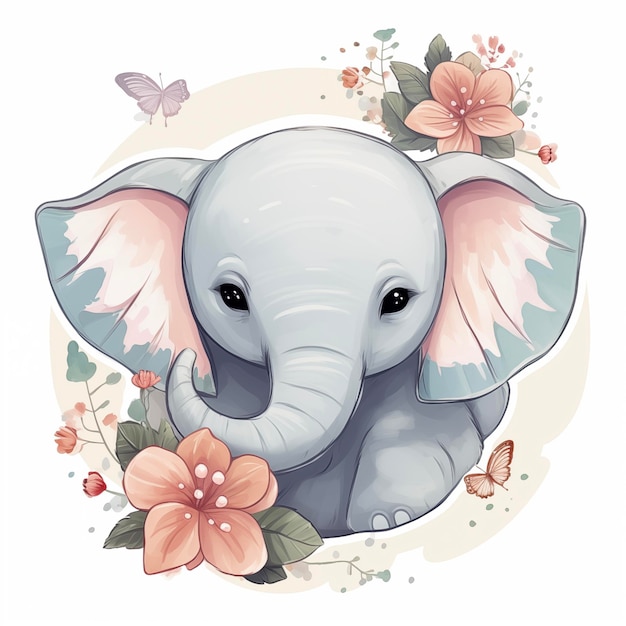 Elefante em flores com borboletas