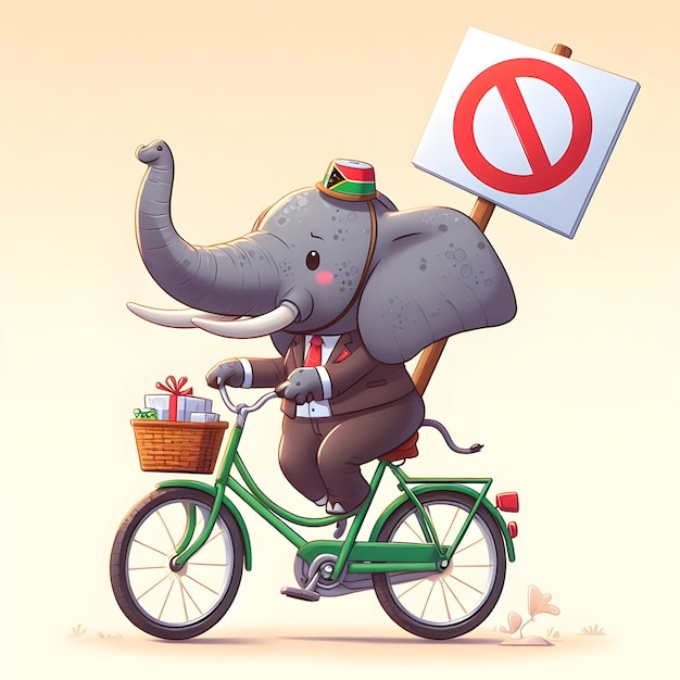 Elefante engraçado na bicicleta segurando um cartão de jogo