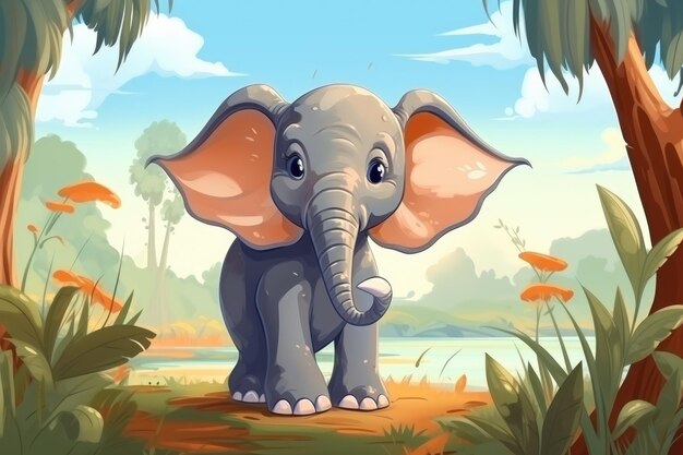 Elefante engraçado na natureza selvagem Ilustração de animais de desenho animado Generative ai