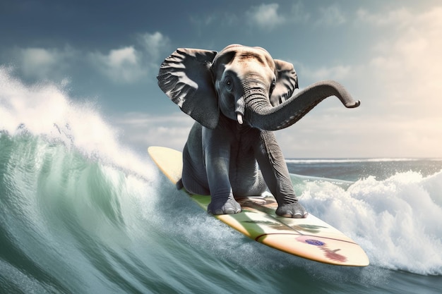 Elefante engraçado surfando em uma ondaDia ensolarado Conceito de verão Gerador de IA