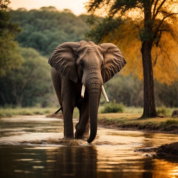 Un elefante está caminando a través de un pozo de agua con árboles