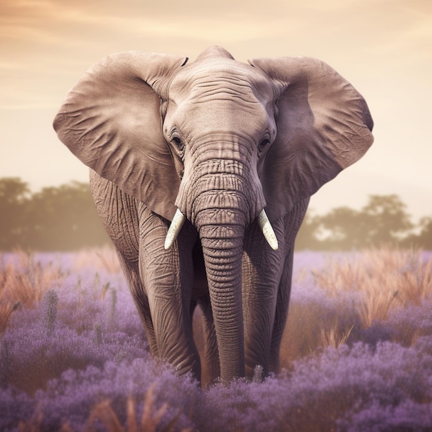 Un elefante está parado en un campo de lavanda.