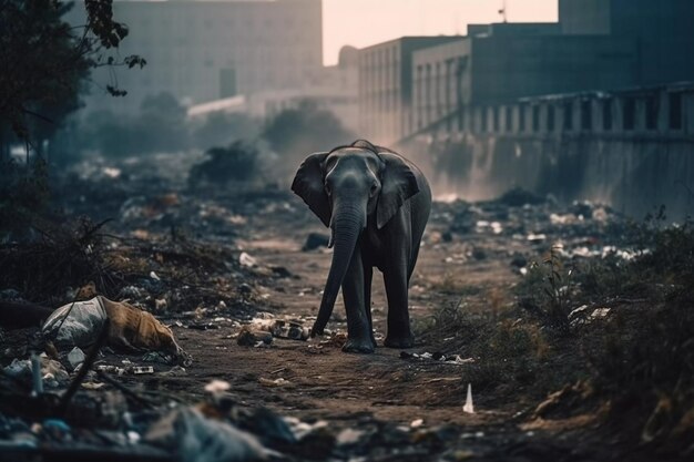 Un elefante está parado en la suciedad y la basura.