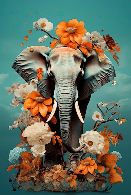 un elefante con flores y un árbol en su pelaje al estilo de un collage de varias capas
