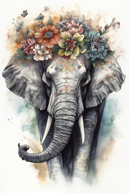 Un elefante con flores en la cabeza.