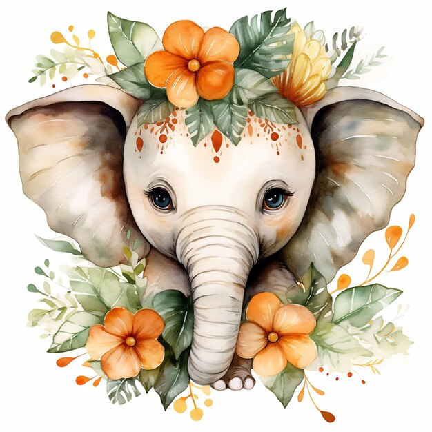 Un elefante con flores y hojas.