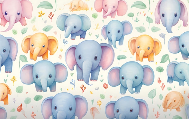 Elefante fofo japonês repetiu padrões estilo de arte anime com cores pastel