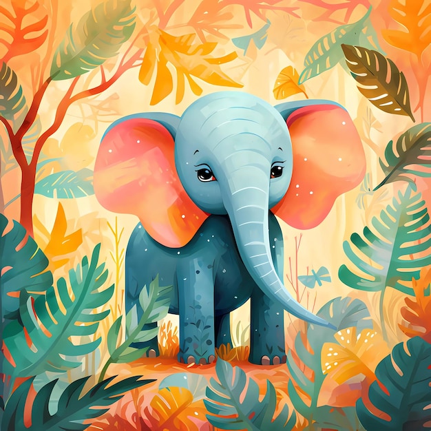 elefante fofo na selva tropical para livro de histórias infantil cartaz elemento de aniversário