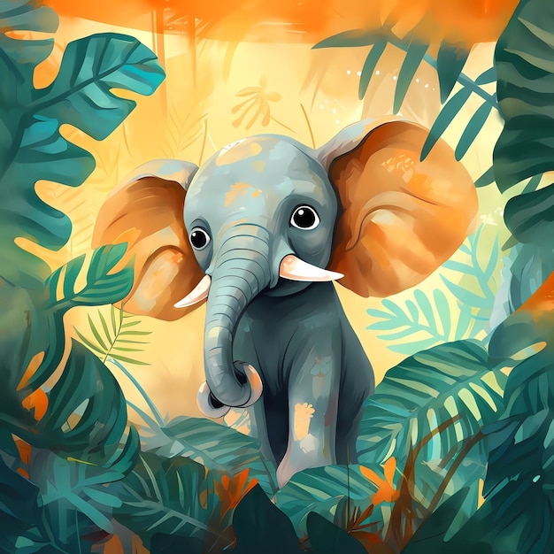 elefante fofo na selva tropical para livro de histórias infantil cartaz elemento de aniversário