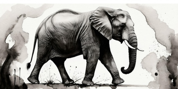 Elefante en fondo de acuarela Ilustración dibujada a mano en blanco y negro
