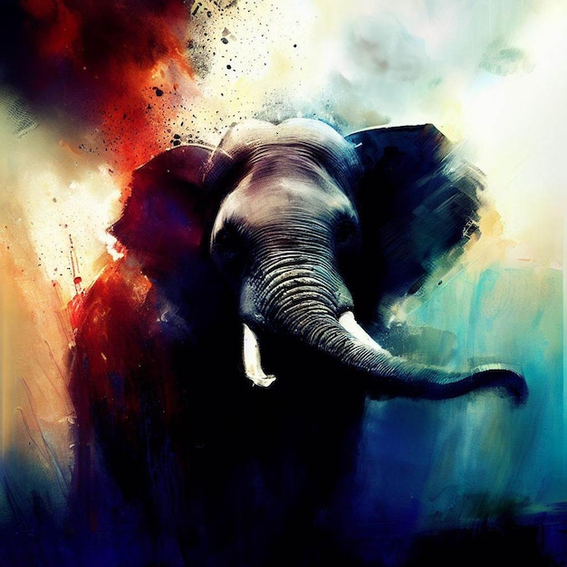 Un elefante con fondo azul y rojo y cara negra.