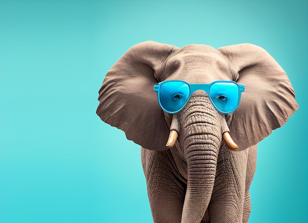 Un elefante con gafas de sol azules.