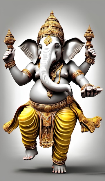 Elefante Ganesha en fondo blanco con cuerpo de color amarillo, gran vientre, 4 brazos y cabeza de elefante.