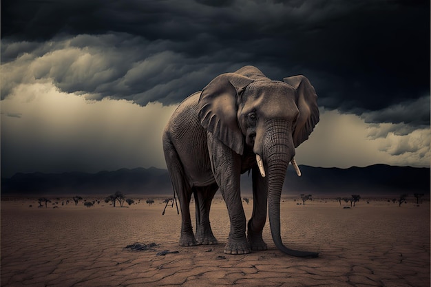 Elefante grande en el desierto con nubes pesadas Ai generativo