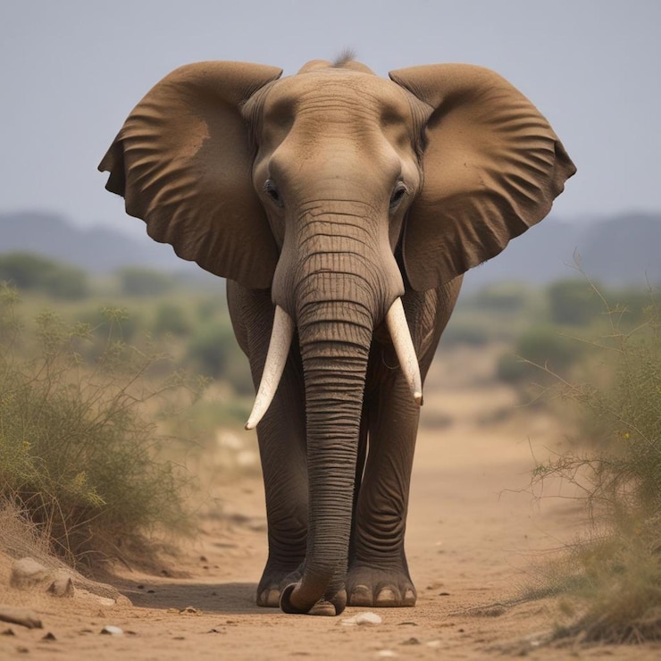 Foto un elefante con grandes colmillos caminando por un camino de tierra