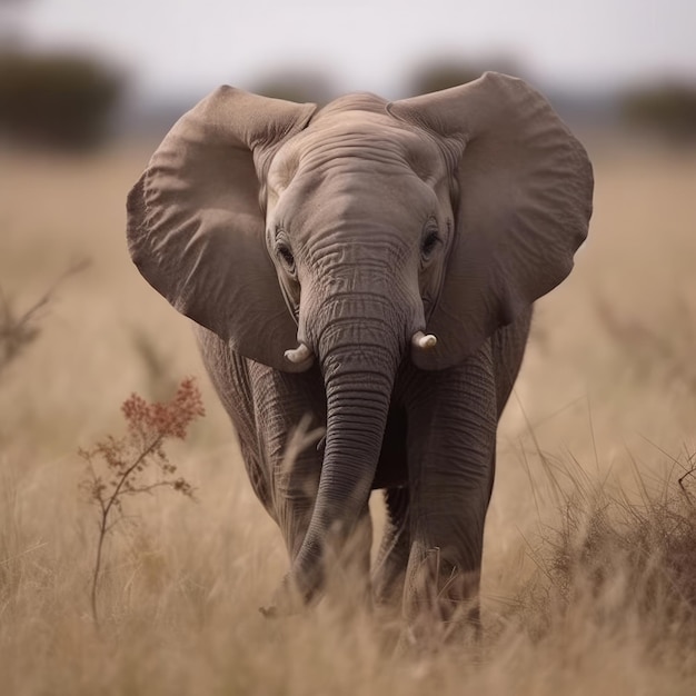 Un elefante con grandes orejas camina por un campo de hierba alta.