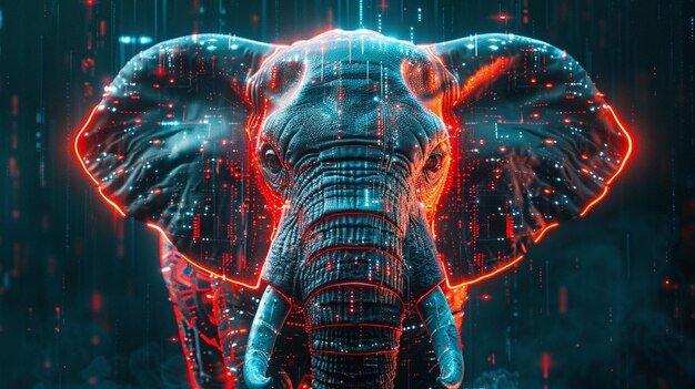 Un elefante hecho de partículas brillantes azules y rojas