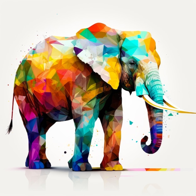Un elefante hecho de triángulos de colores sobre fondo blanco IA generativa