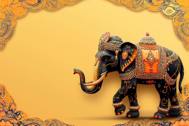 Elefante indio festivo en el fondo sólido del hinduismo adornado de color naranja claro