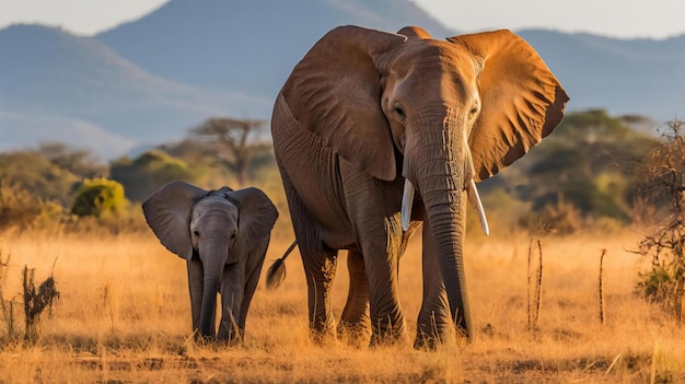 Un elefante joven justo al lado de uno adulto