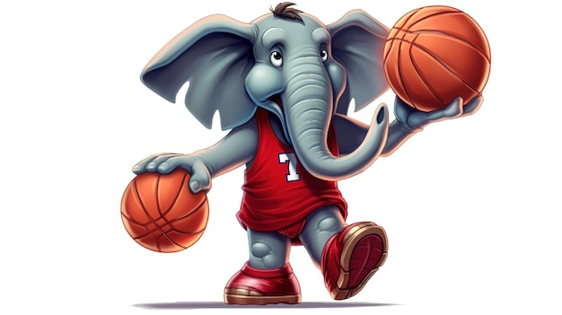 Elefante jugando baloncesto sobre fondo blanco Ilustración de dibujos animados Ai generativo