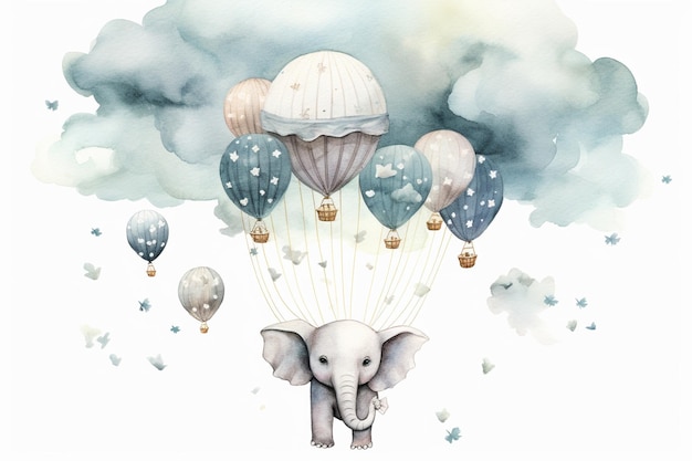un elefante y un león en un globo aerostático al estilo de las ilustraciones de acuarela