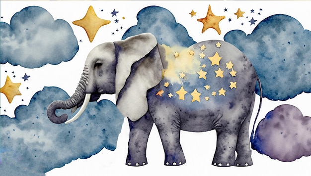 Elefante Lua Nuvens e Estrelas Aquarela Ilustração de animais isolados em gene de fundo branco