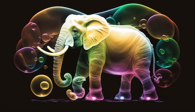 Un elefante con una luz de los colores del arcoíris